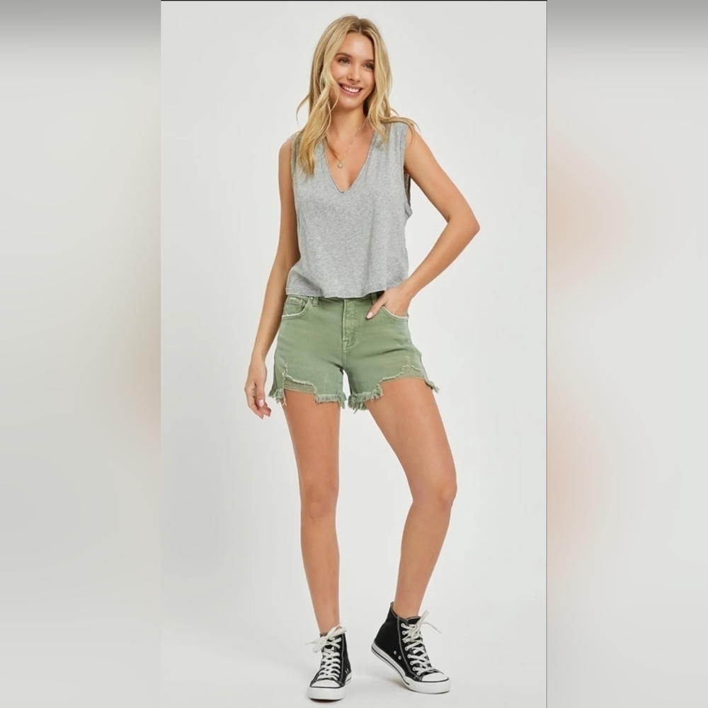 Risen Mid Rise Frayed Hem Olive Denim Shorts Distressed Cut Off Stretch XL NWT